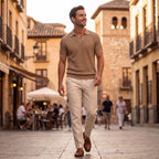 Polo Amalfi de punto beige con cuello polo y botones, manga corta