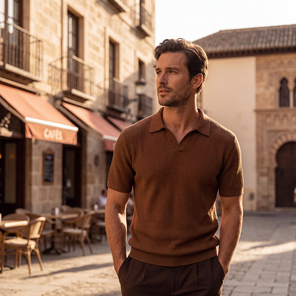 Polo Portofino de punto marrón de manga corta con cuello acanalado
