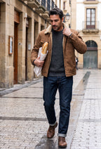 Chaqueta tipo chino Teddy marrón con forro de borreguito beige y bolsillos