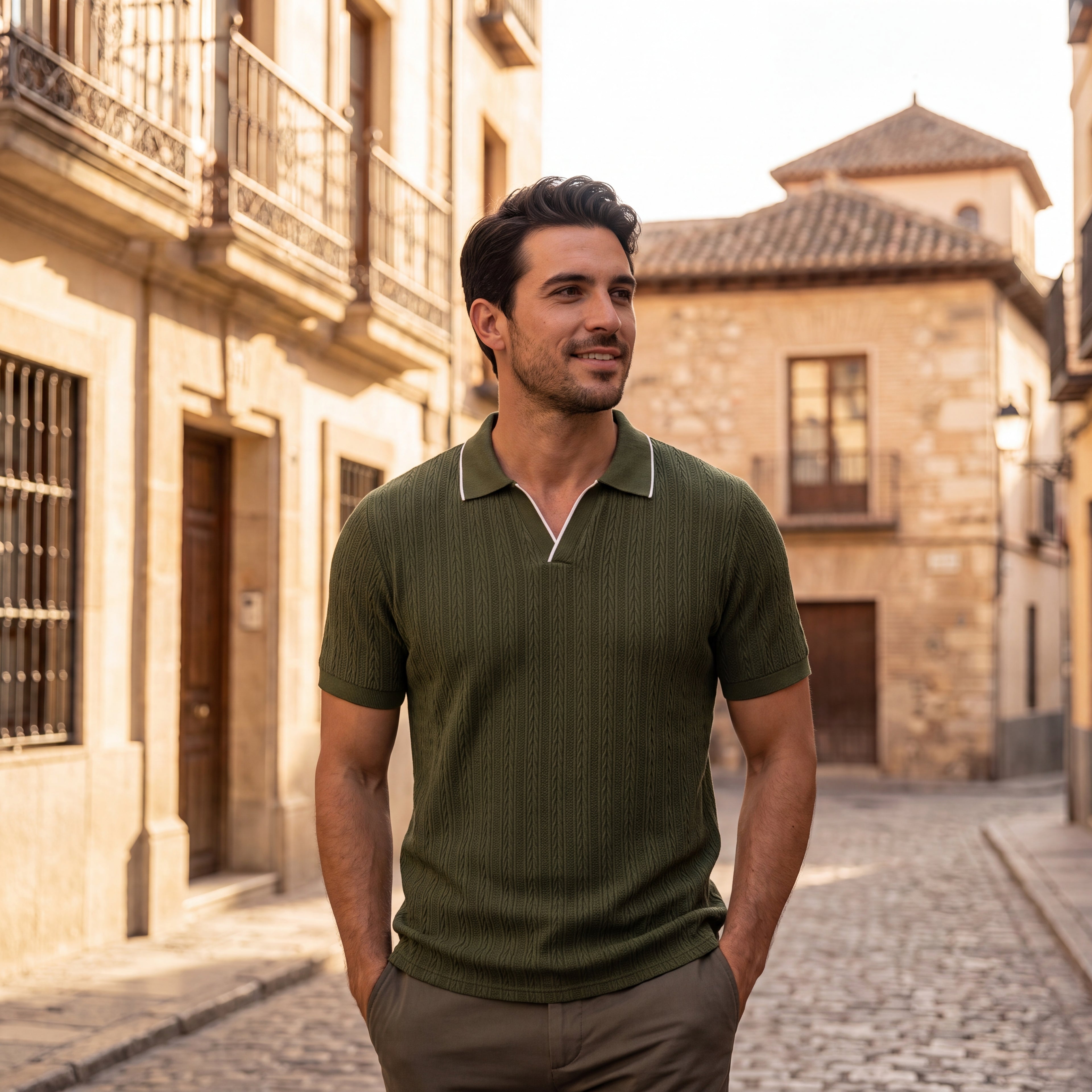 Polo de hombre verde oscuro de piqué con cuello y tapeta