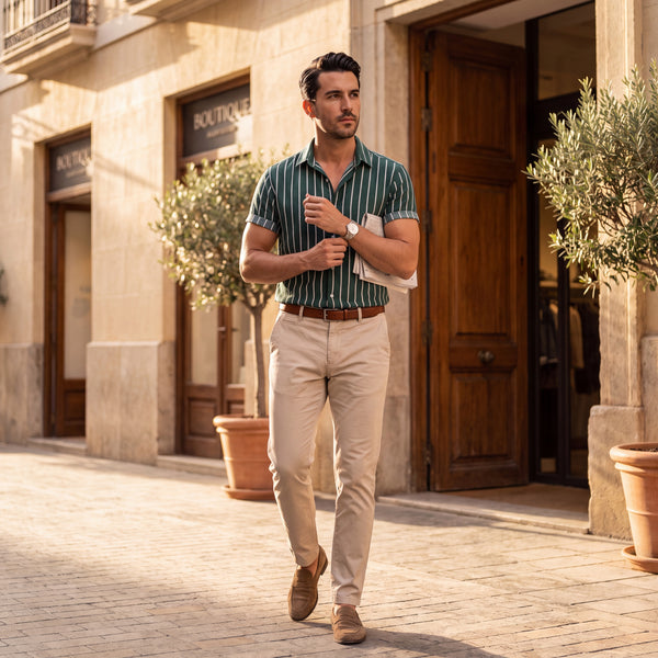 Camisa Portofino verde con rayas verticales, manga corta, cuello y botones