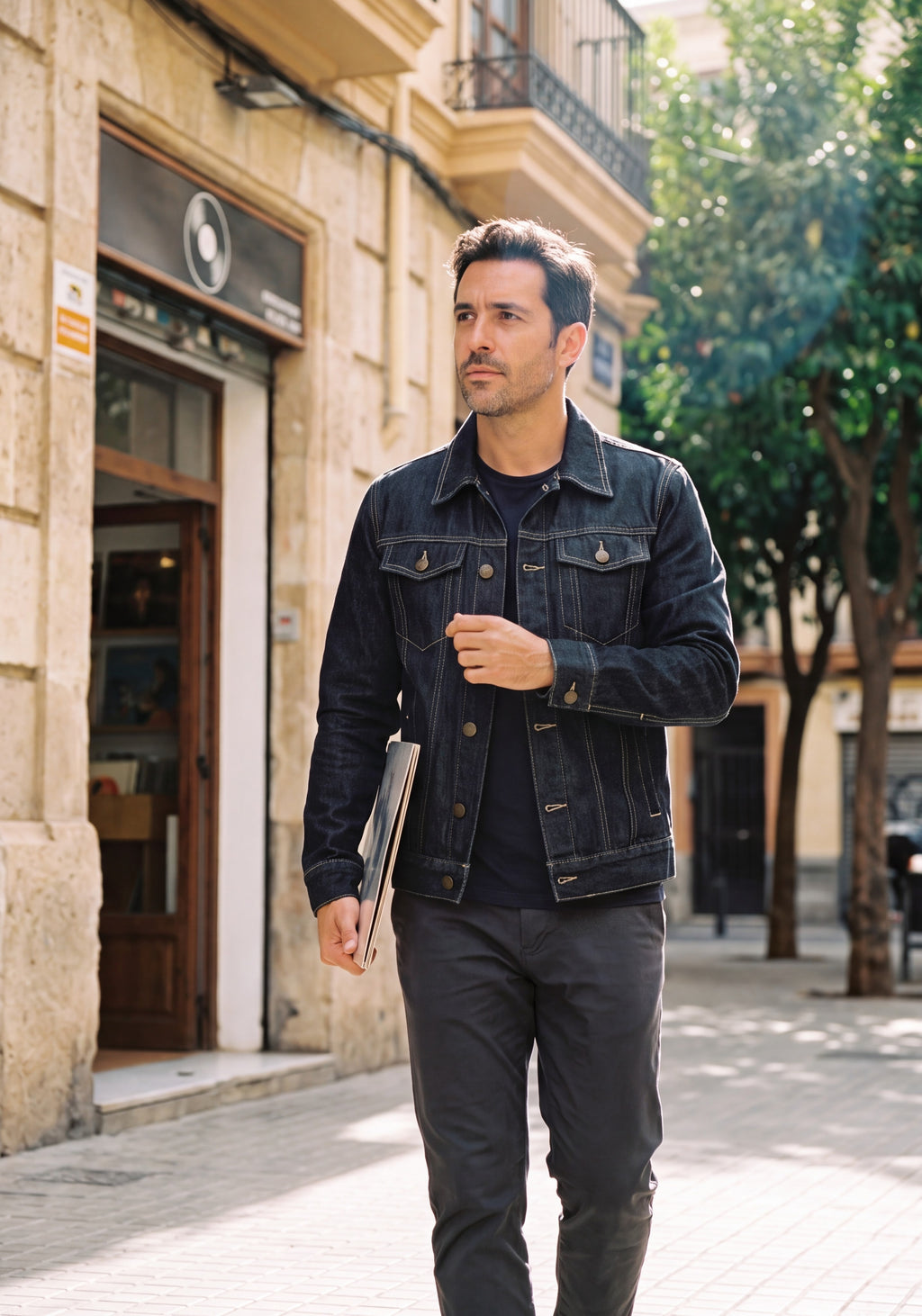 Sobrecamisa de mezclilla vintage negra con botones frontales y bolsillos