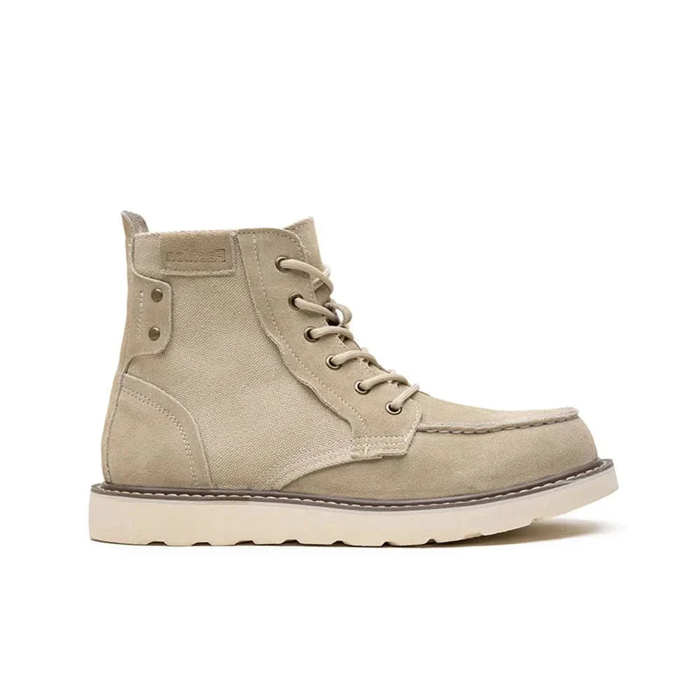 Botas con punta redonda beige, bota alta con cordones y costuras laterales