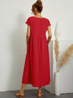 Vestido midi rojo con manga corta y fruncido en la cintura, falda con caída suelta