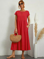 Vestido midi rojo con manga corta y fruncido en la cintura, falda con vuelo