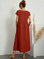 Vestido midi teja/naranja rojizo con manga corta y fruncido en la cintura