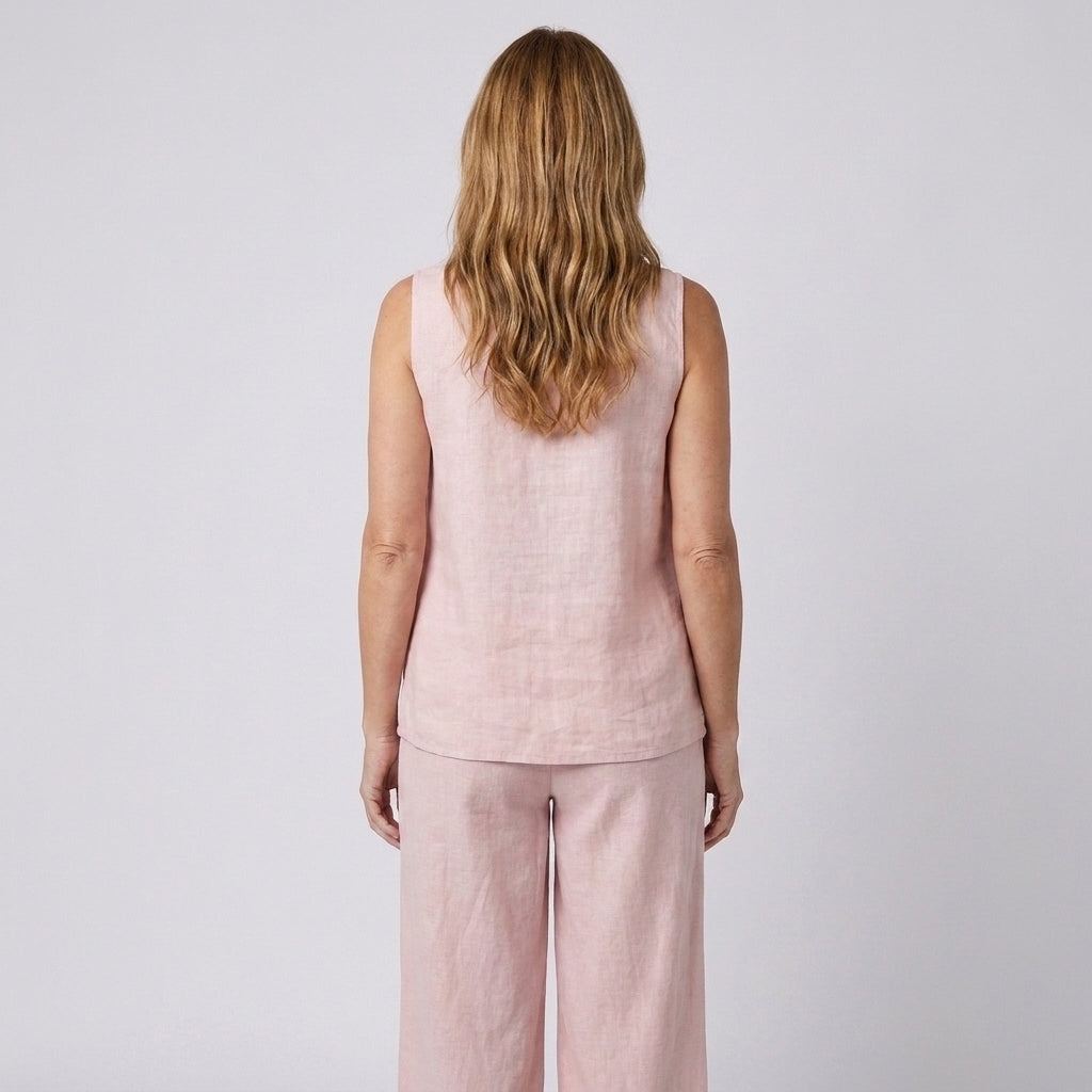 Conjunto rosa claro de lino y algodón: top sin mangas y pantalón largo de pierna ancha