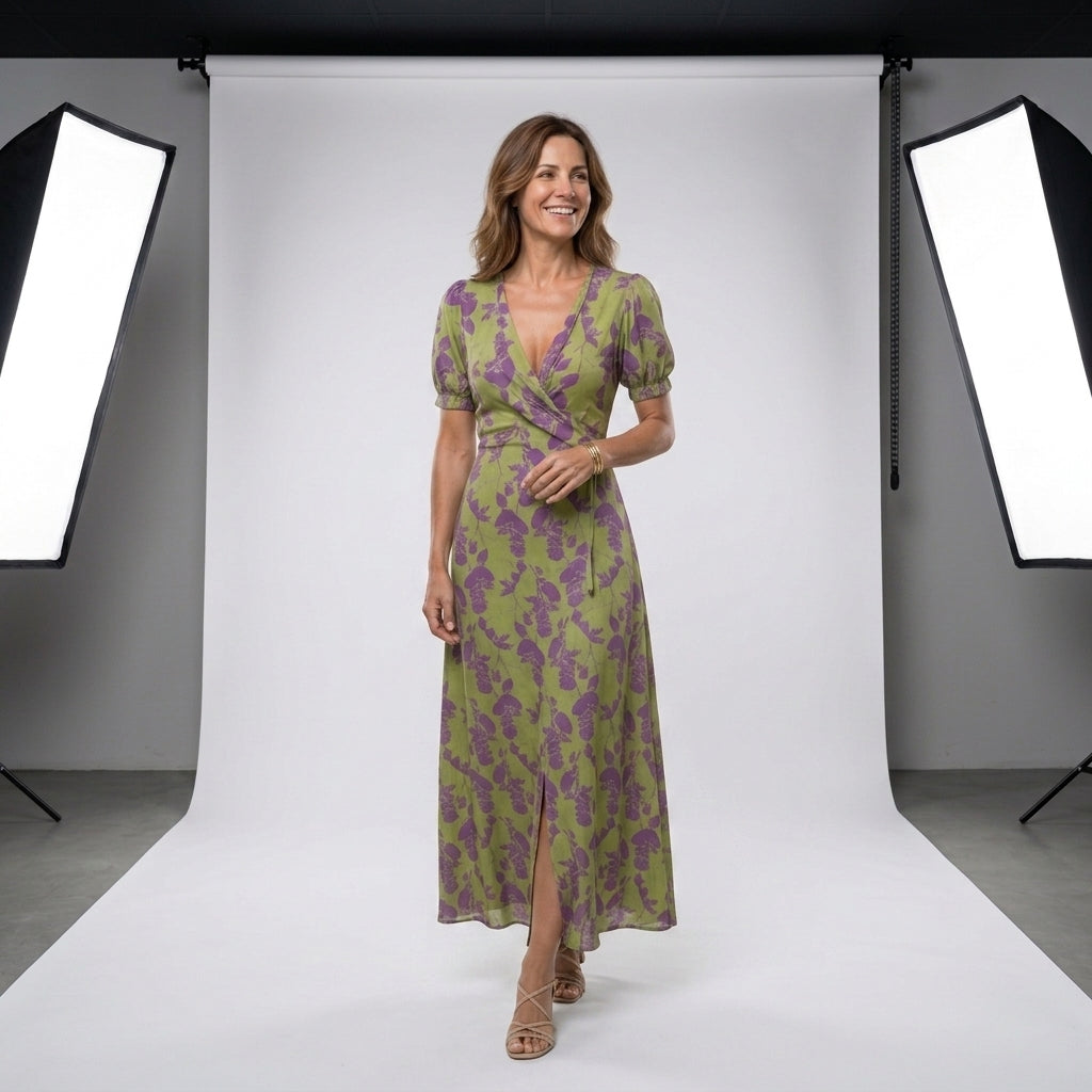 Vestido midi estampado verde lima y morado con escote en V cruzado y frunces.