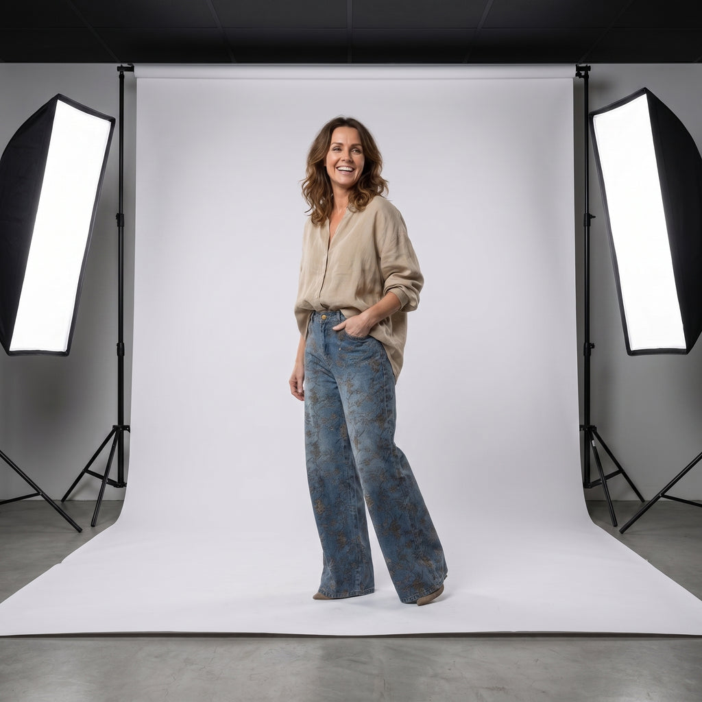 Vaqueros estampados florales sobre denim azul, estilo de pierna ancha