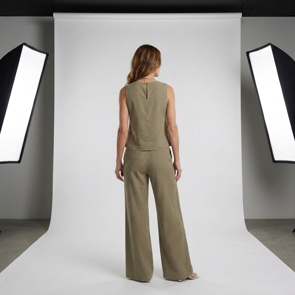 Conjunto de lino beige: top sin mangas y pantalón de pernera ancha, vista trasera