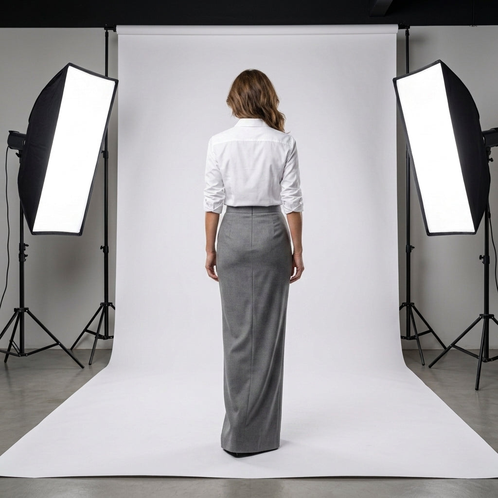 Falda maxi gris vista trasera, corte sirena y cintura entallada