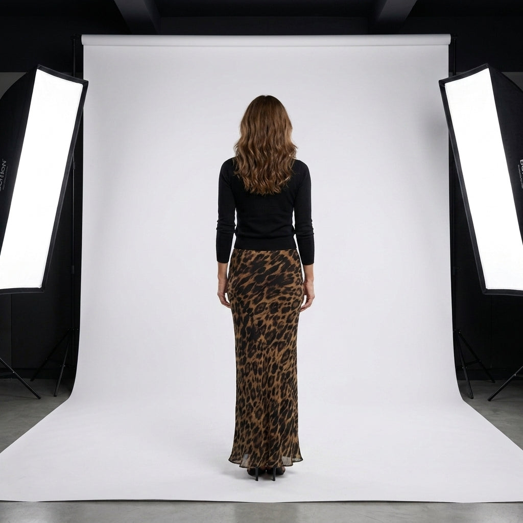 Falda maxi con estampado leopardo, vista trasera larga y ceñida
