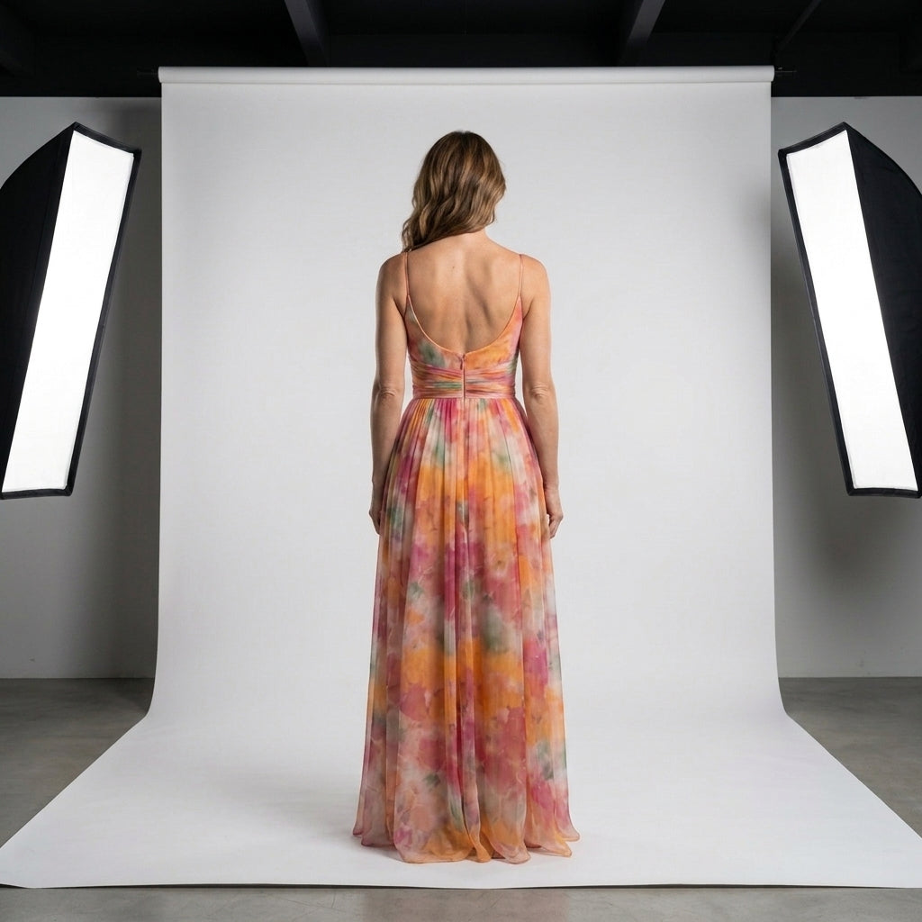 Vestido Belle Époque estampado multicolor visto por la espalda, tirantes finos