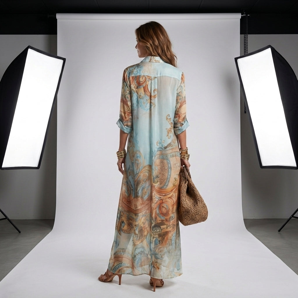 Vestido azul claro largo con espalda estampada paisley y cuello camisero