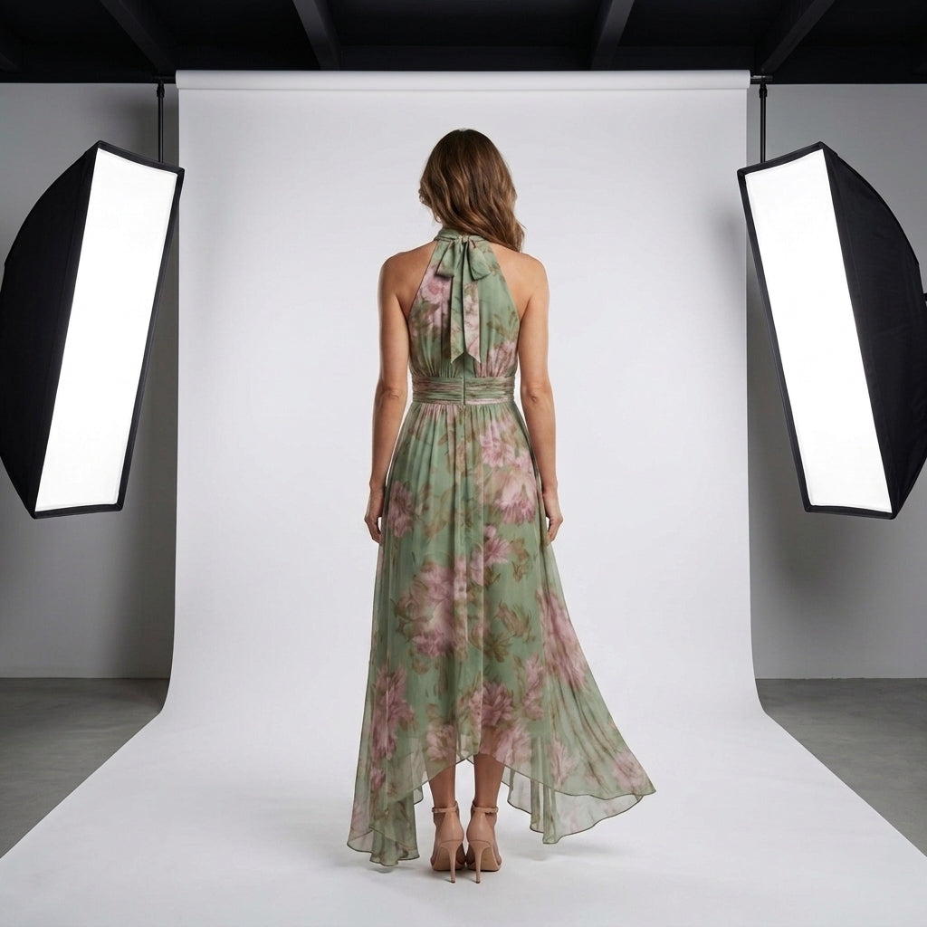 Vestido largo sin mangas con cuello alto y estampado floral verde y rosa, falda suelta.
