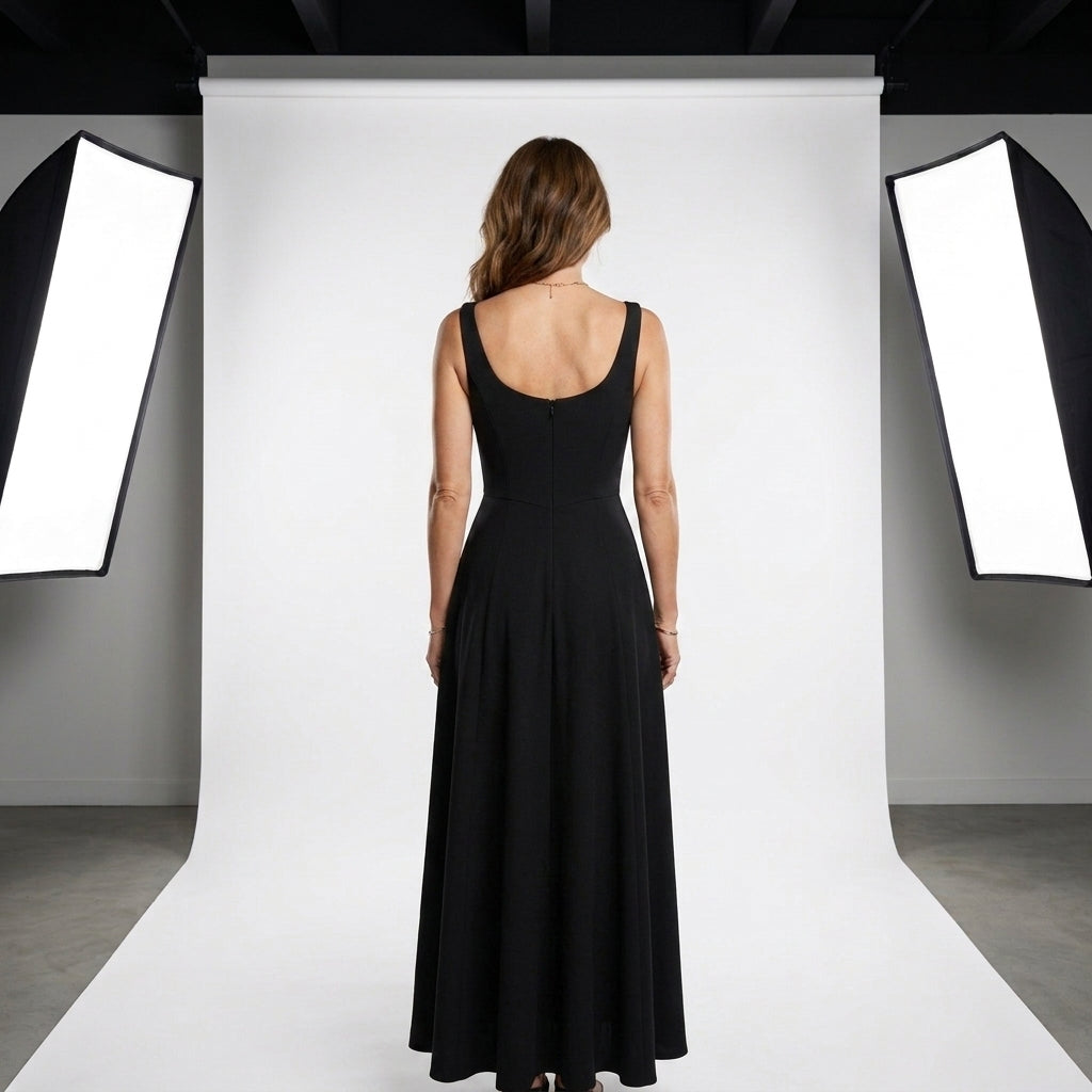 Vestido negro de espalda descubierta parcial, con tirantes y falda midi acampanada.
