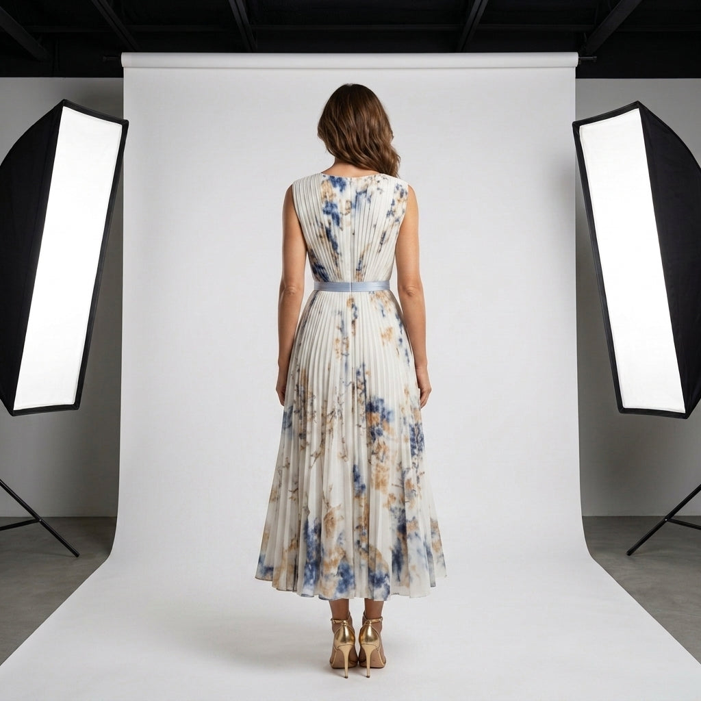 Vestido Soleil sin mangas con espalda plisada y falda amplia estampada azul sobre fondo claro