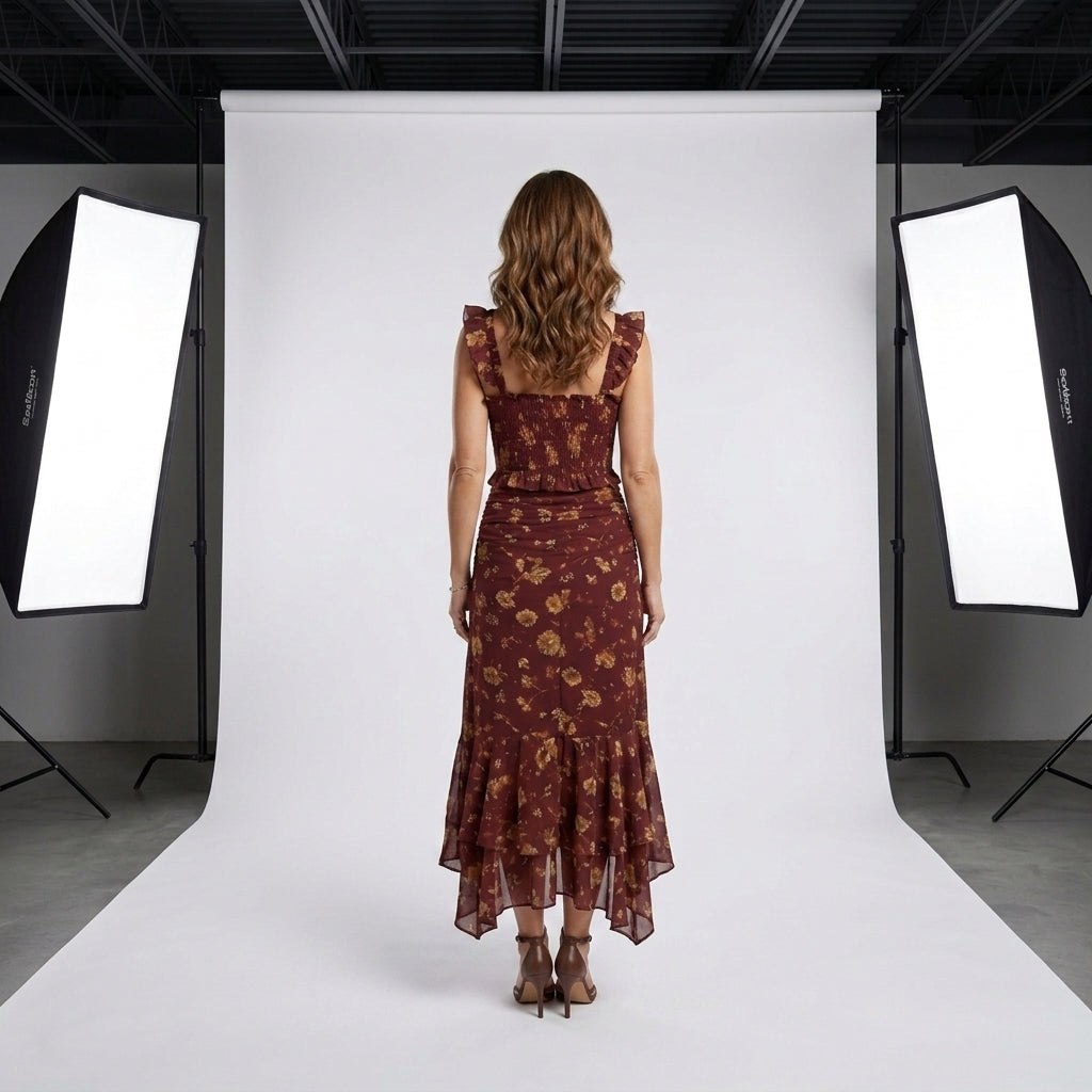 Vestido granate de tirantes finos con estampado dorado, vista trasera con drapeado