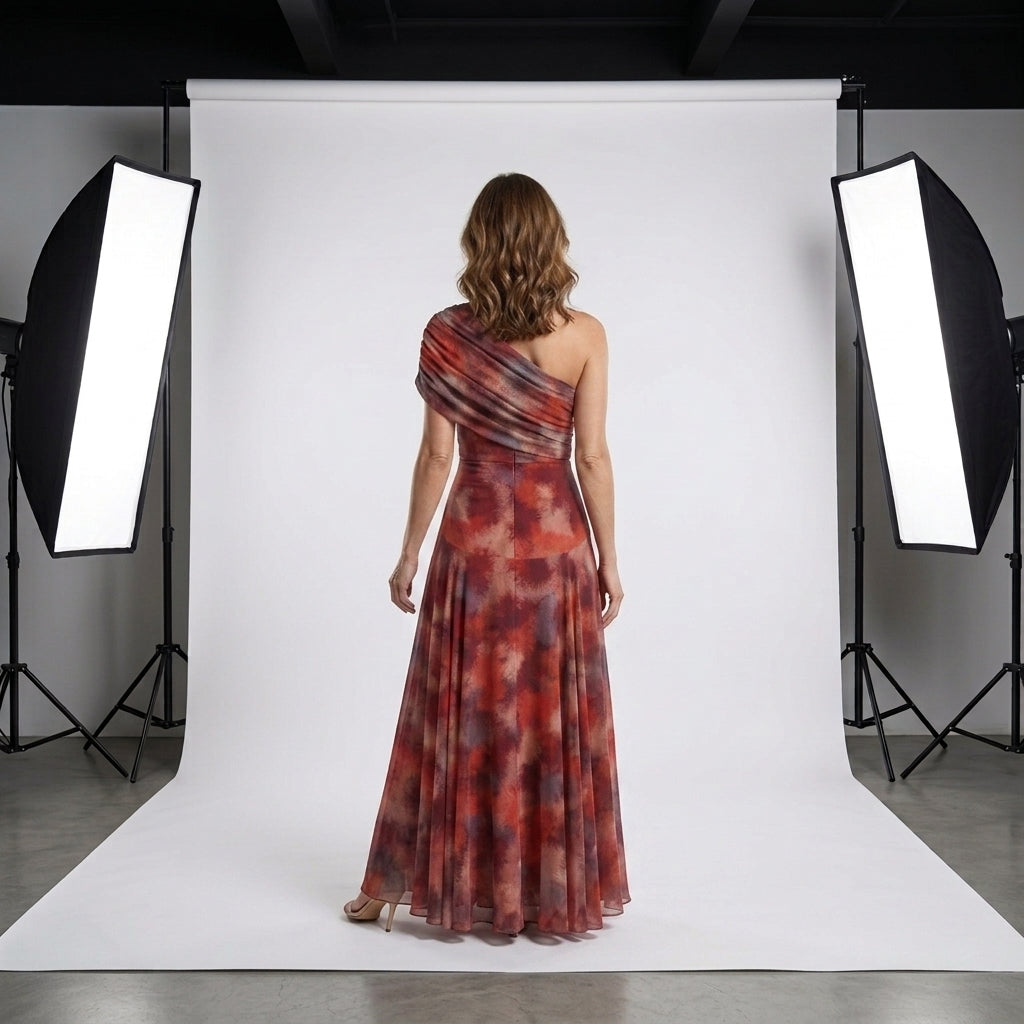 Vestido largo de un hombro, espalda descubierta parcial, estampado en tonos rojo granate