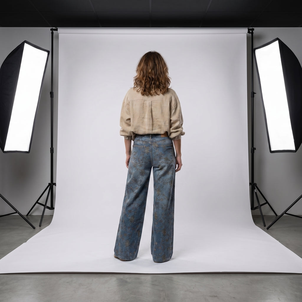 Vaqueros de pierna ancha con estampado floral sobre denim azul, tiro alto