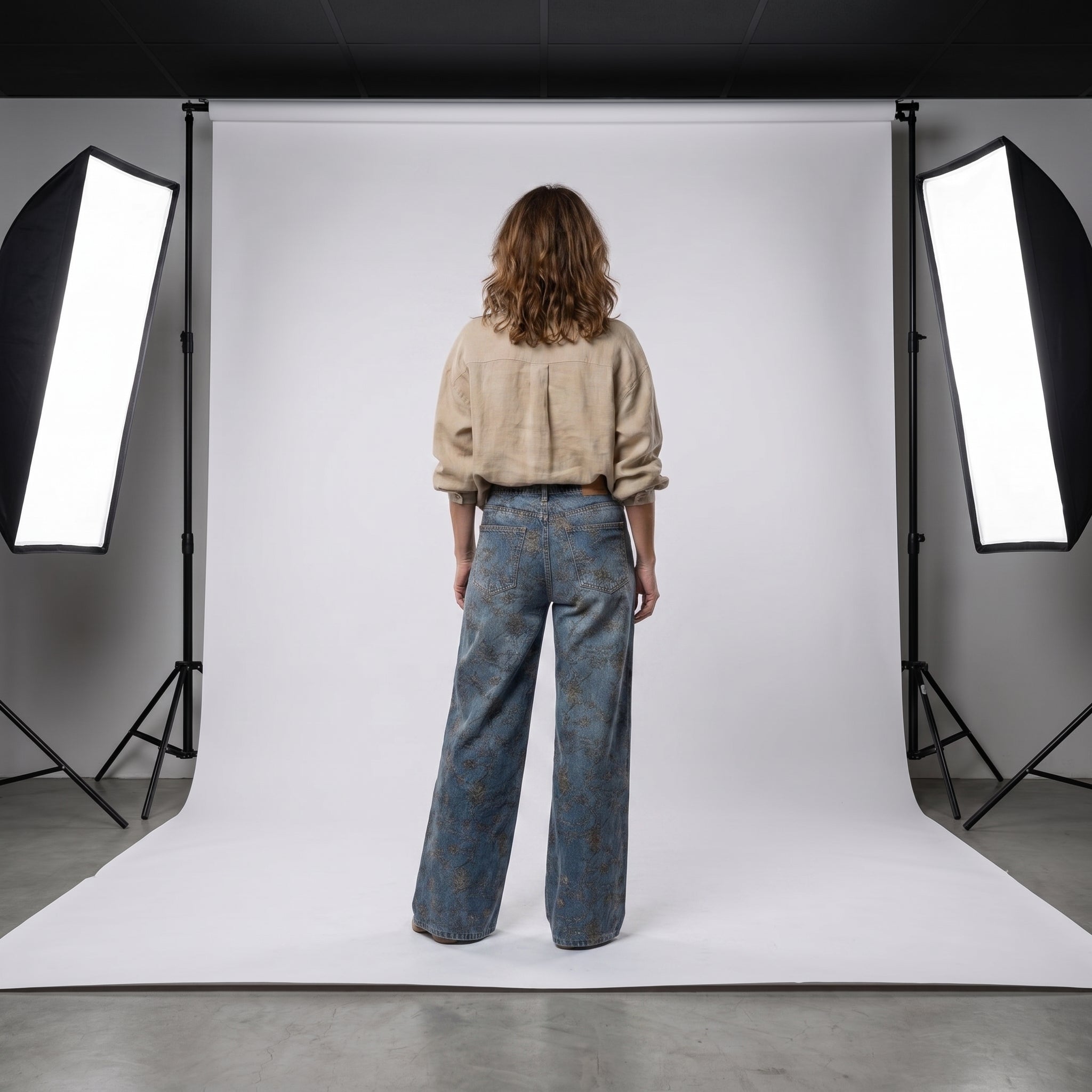 Vaqueros de pierna ancha con estampado floral sobre denim azul, tiro alto