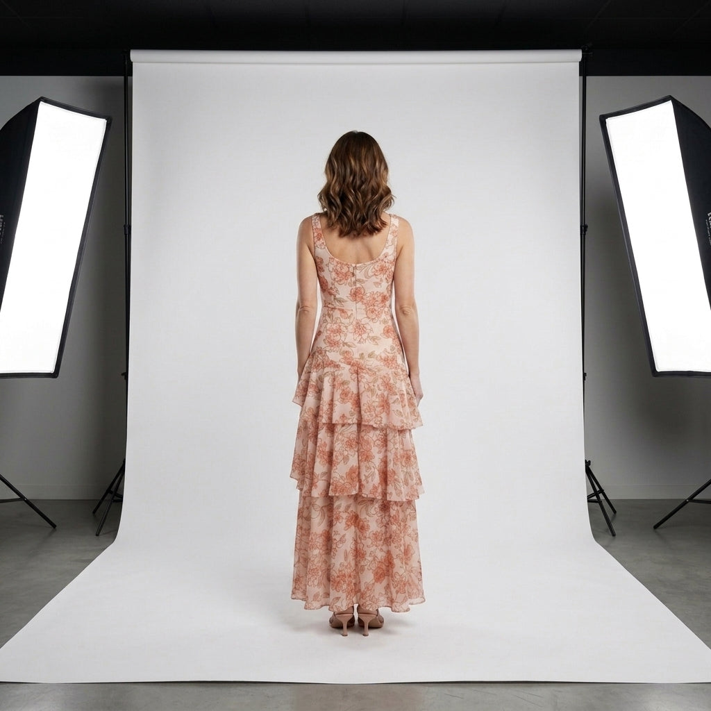 Vestido largo estampado durazno con escote V en espalda y volantes en capas