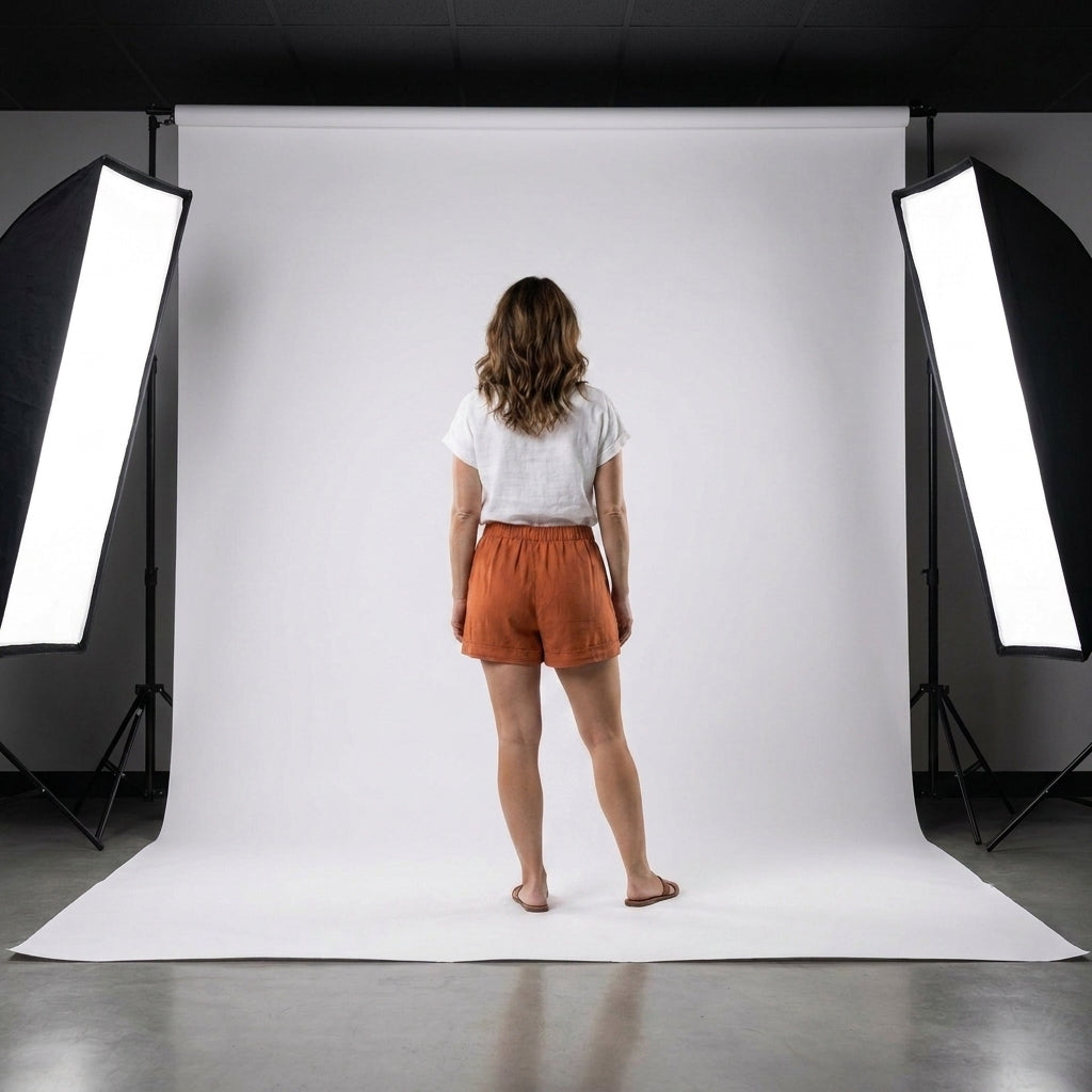 Short de tela teja con cintura elástica y cordón, con costuras y bolsillos