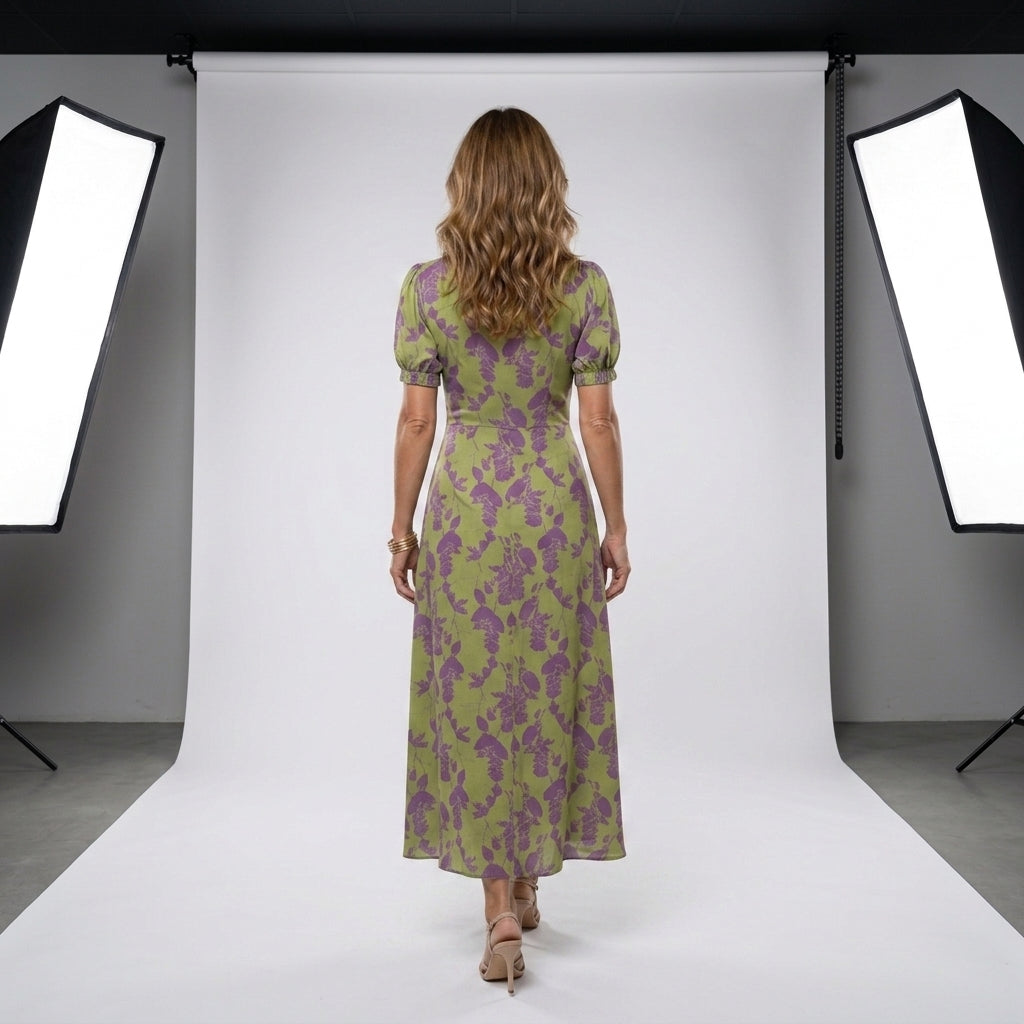 Vestido midi estampado en verde lima y morado, espalda con caída recta y cintura entallada.