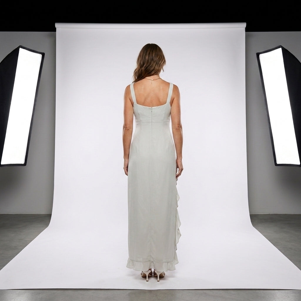 Vestido largo blanco sin mangas con espalda descubierta y tirantes cruzados