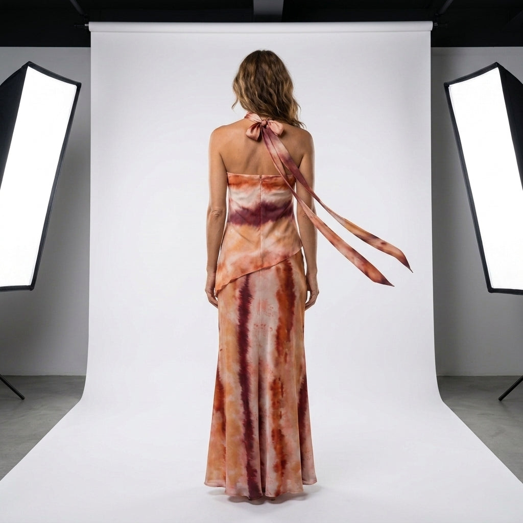 Vestido satinado tie-dye con espalda descubierta y cintas largas cruzadas