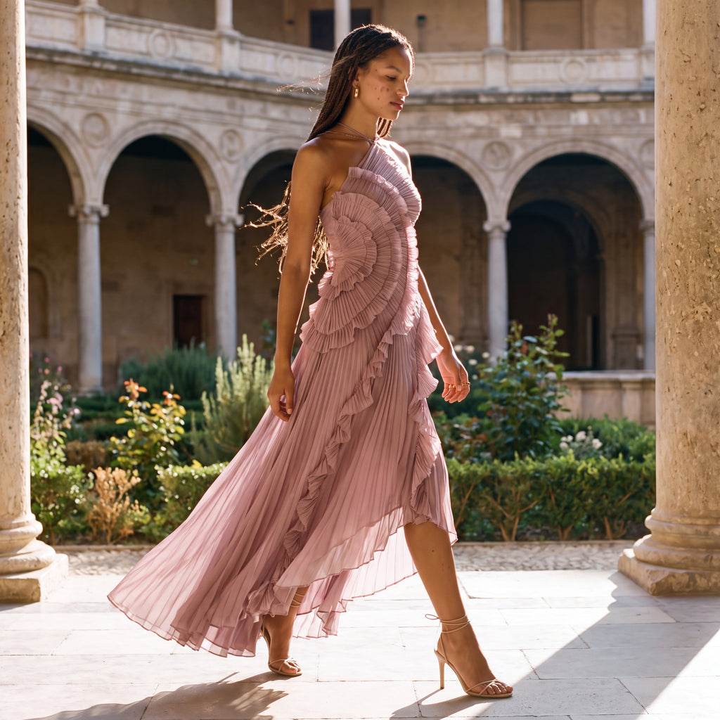 Vestido midi rosa empolvado con volantes en capas y tirantes finos