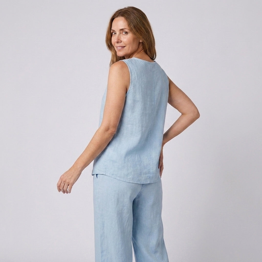Conjunto azul clarito de lino y algodón: top sin mangas y pantalón ancho de tiro medio