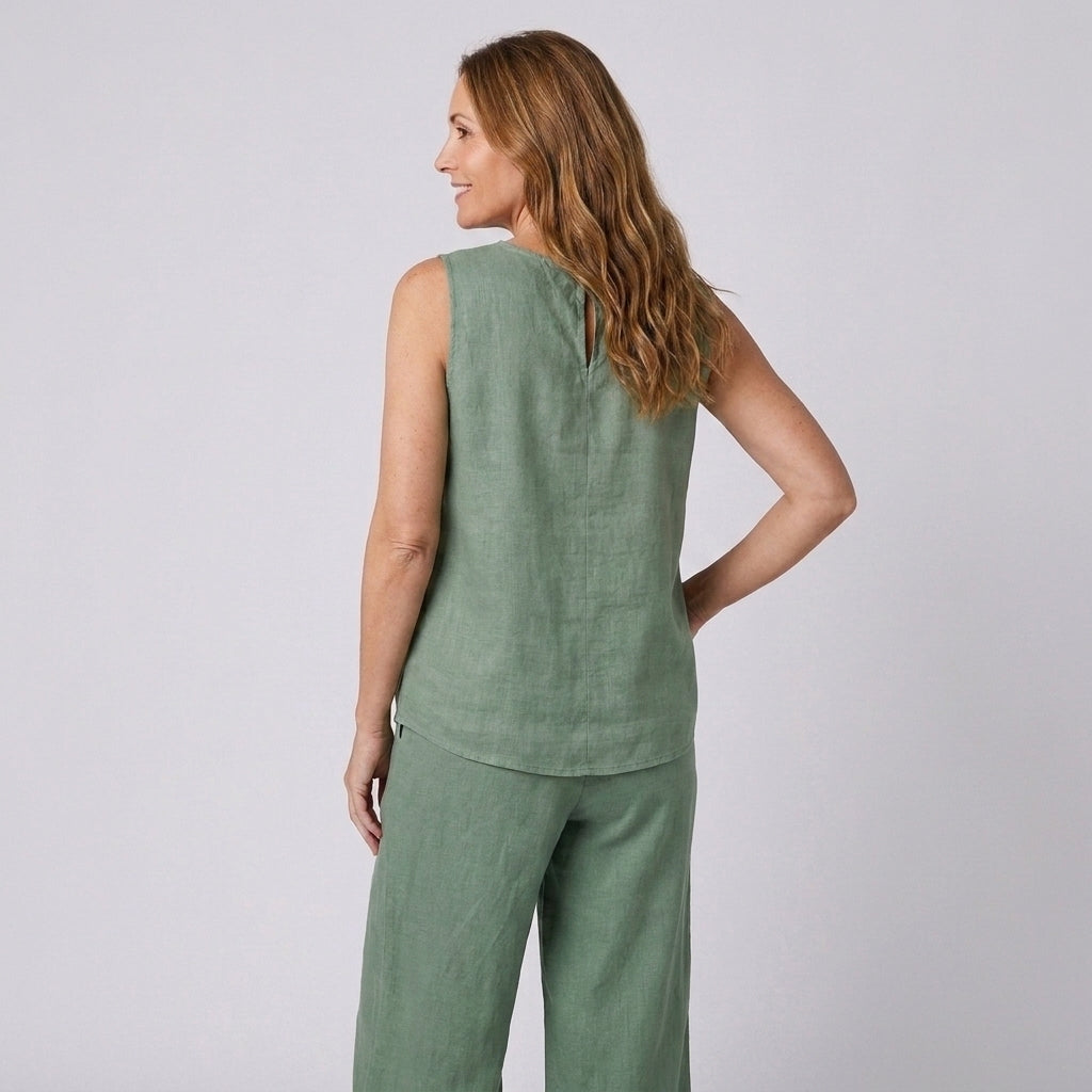 Conjunto verde oliva de lino y algodón: top sin mangas y pantalón ancho largo