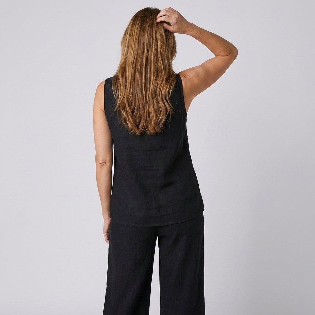 Conjunto negro de lino y algodón: top sin mangas con botones y pantalón ancho