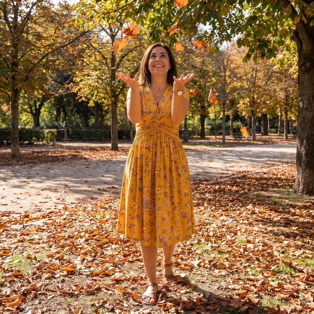 Vestido Valeria amarillo mostaza con escote en V cruzado y bolsillos