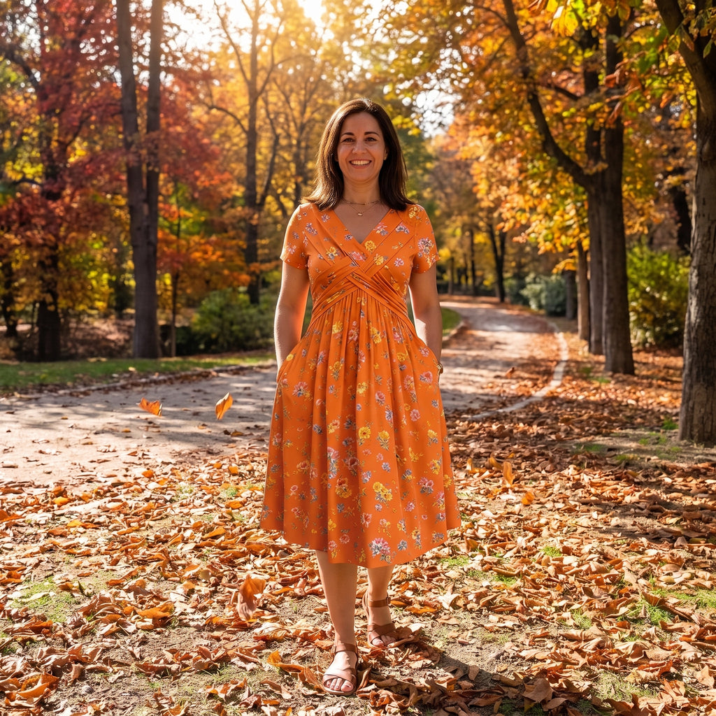 Vestido Valeria naranja con escote en V cruzado, falda midi y bolsillos