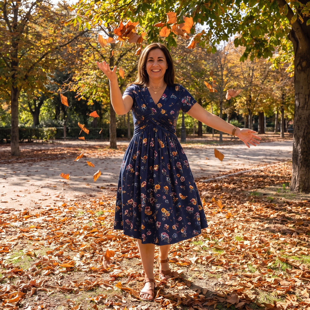 Vestido Valeria azul marino con estampado floral, escote en V cruzado y bolsillos