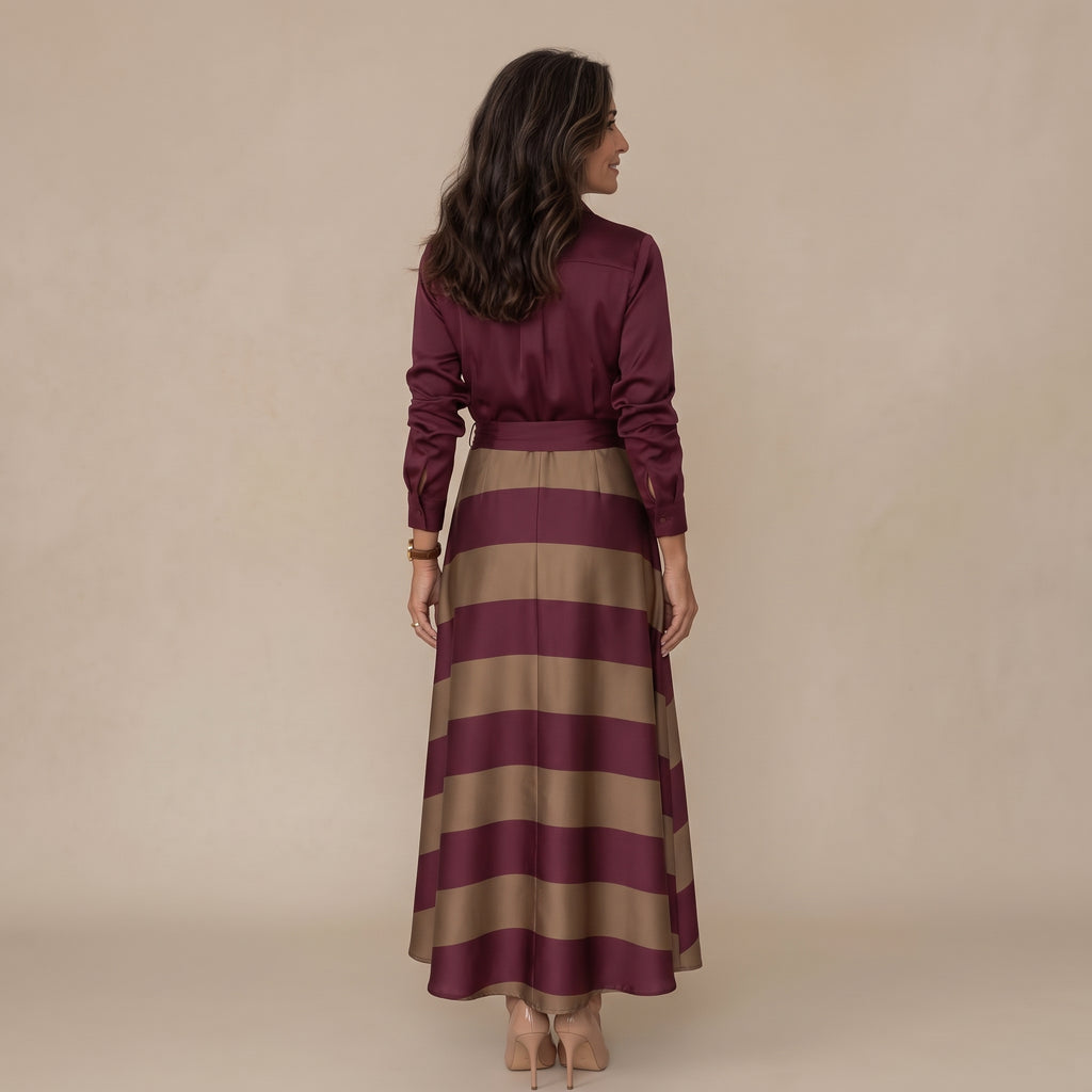 Vestido largo de rayas granate y beige con cinturón a la cintura