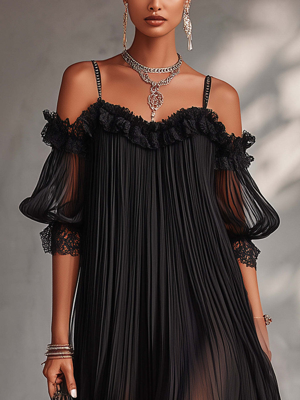 Vestido negro de gasa con escote en V, volantes en los hombros y mangas tipo farol