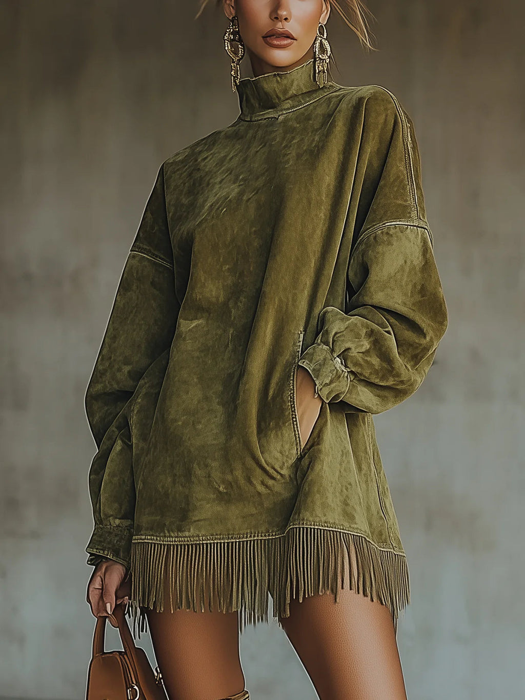 Vestido de gamuza verde oliva con cuello alto, mangas largas y flecos en el bajo.