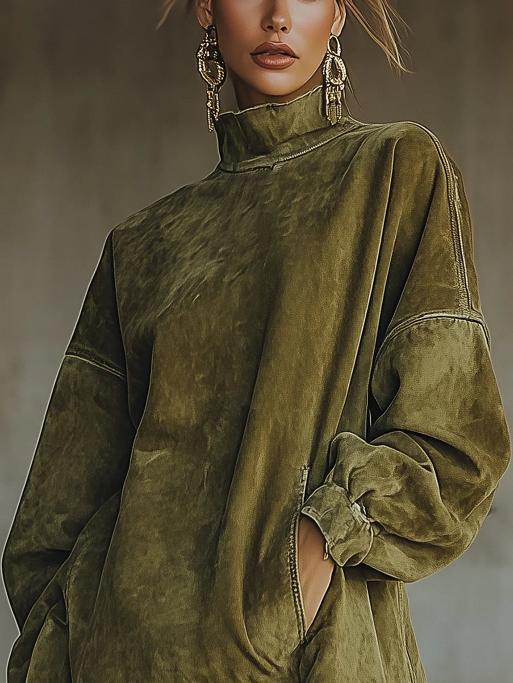 Vestido de gamuza verde oliva con cuello alto y detalles de costura en el frente.