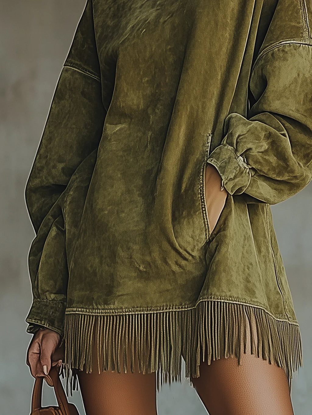 Vestido de gamuza verde oliva, bajo con flecos y costuras en contraste claro.