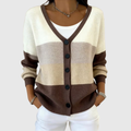 Chaqueta de punto con botones a presión, franja crema y marrón, manga larga