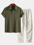 Conjunto polo verde oliva y pantalón de lino recto marfil