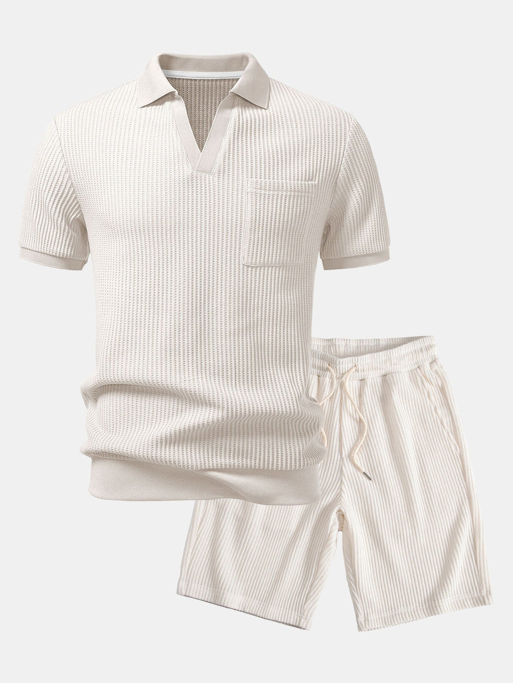 Conjunto de polo con bolsillo y pantalones cortos a rayas, color beige
