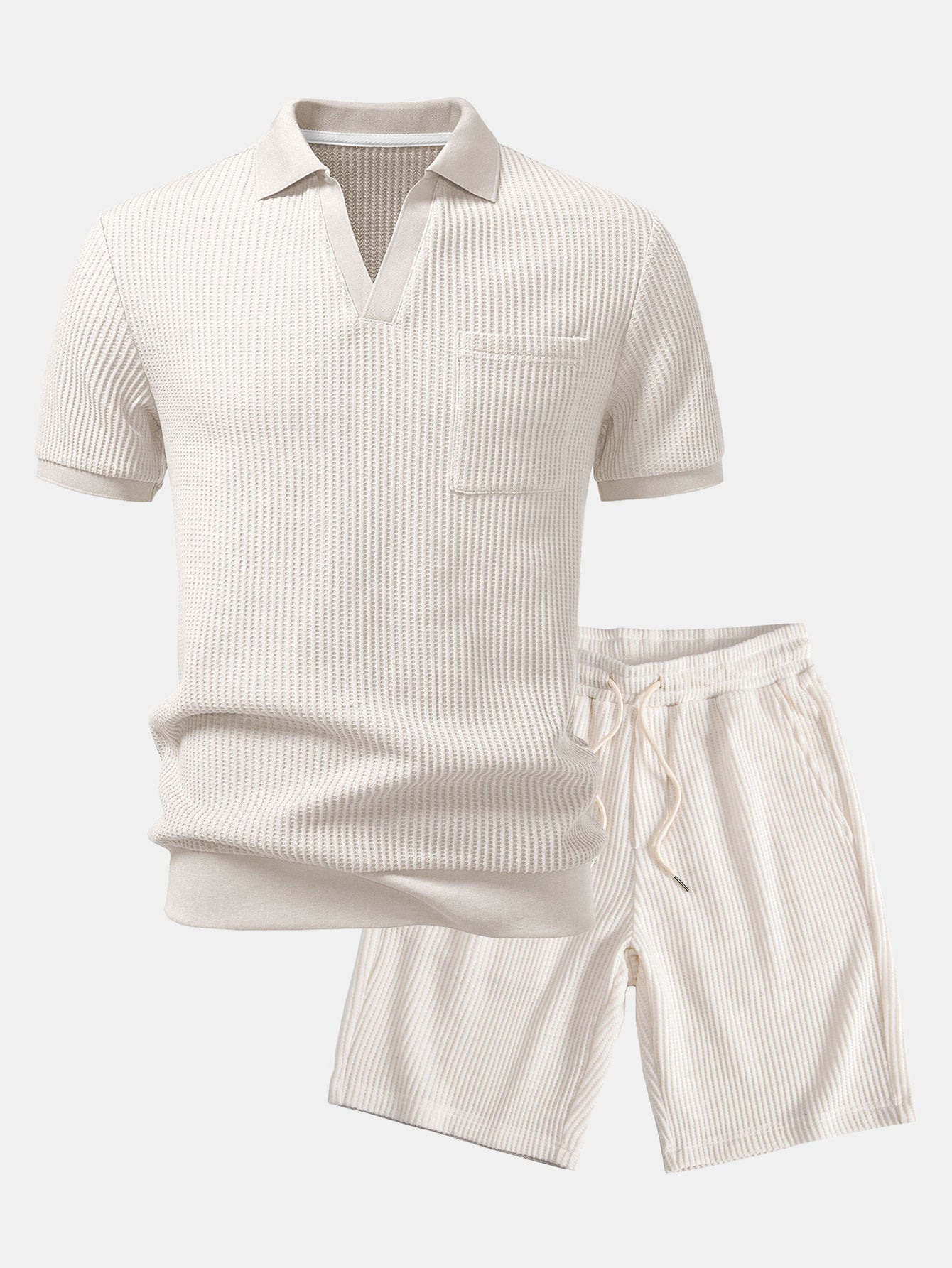 Conjunto de polo con bolsillo y pantalones cortos a rayas, color beige