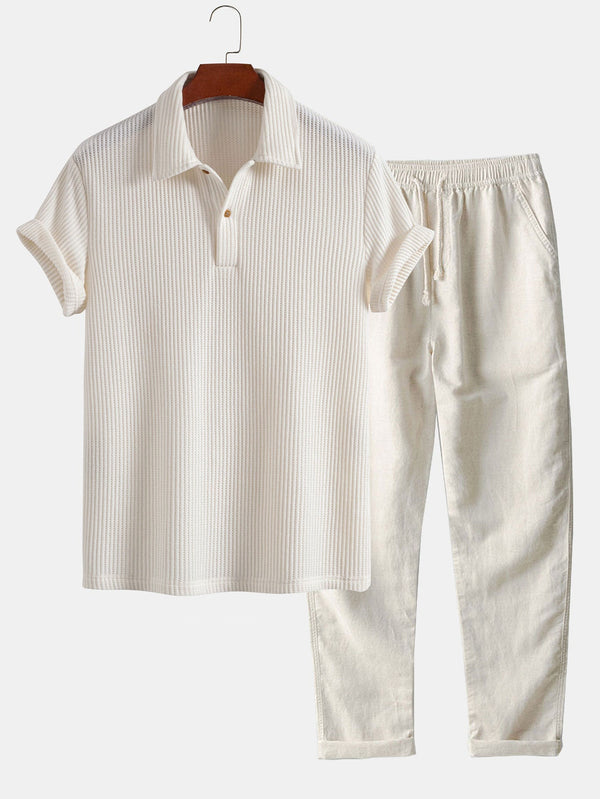 Conjunto polo blanco roto y pantalón de lino recto marfil