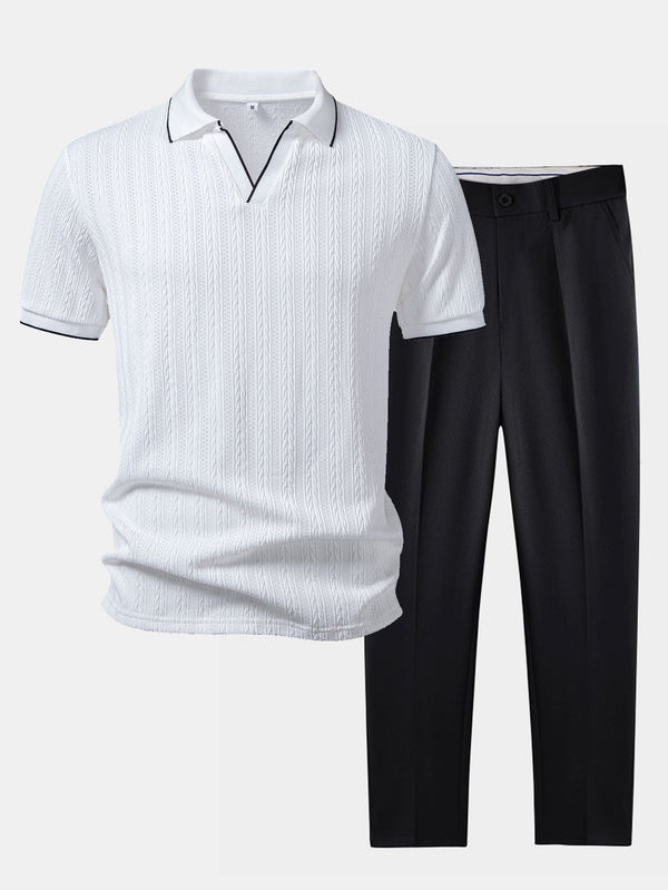 Conjunto de polo blanco con cuello y pantalón ajustado cónico negro.