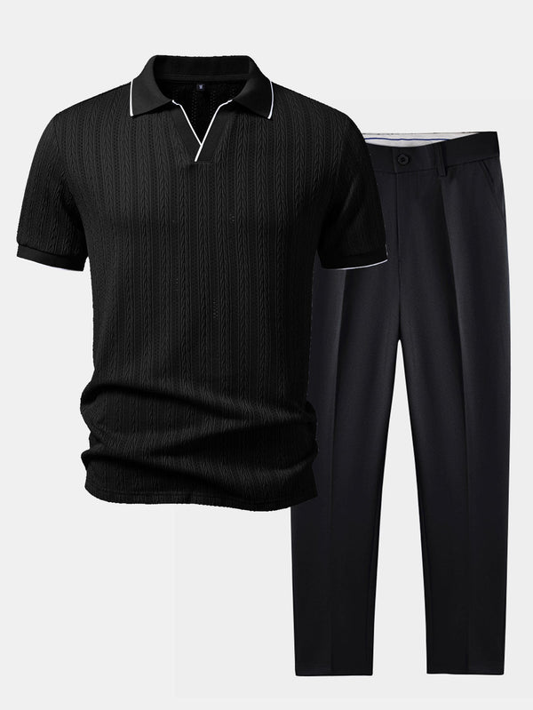 Conjunto de polo negro con cuello y pantalón ajustado cónico negro.