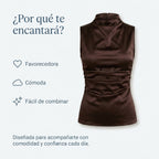 Top Carol Noir sin mangas marrón oscuro, cuello alto y frunces laterales